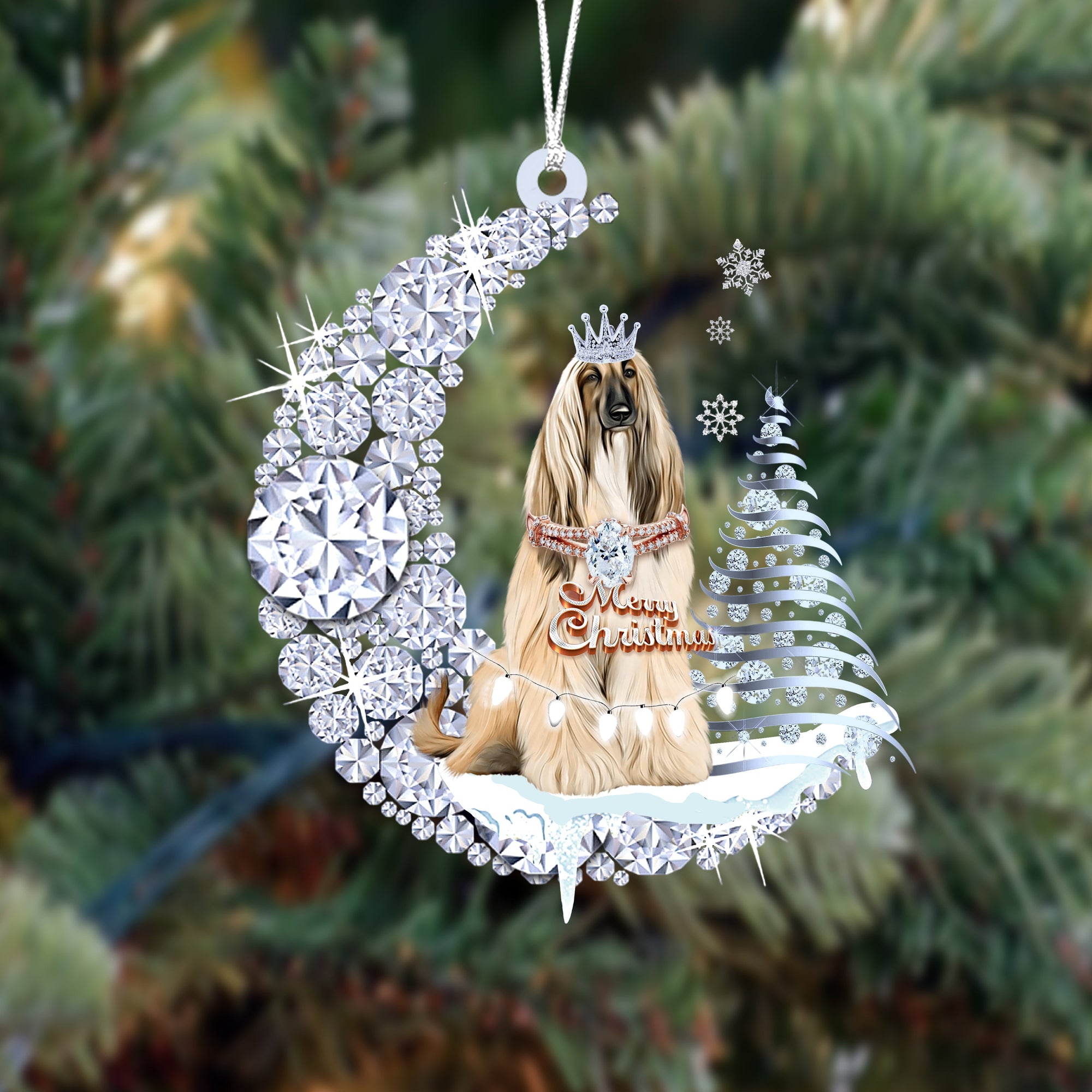 Afghan Hound (3) Diamond Moon Merry Christmas Ornament