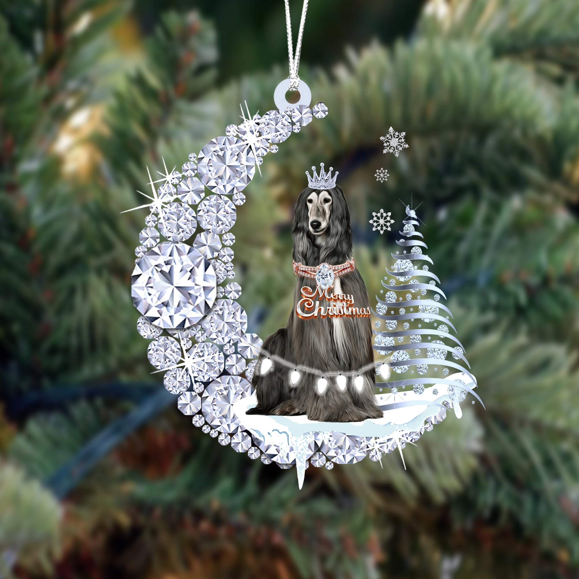 Afghan Hound (5) Diamond Moon Merry Christmas Ornament