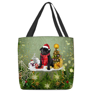 Black Pug Merry Christmas Tote Bag